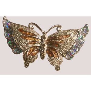 Butterfly Brooch With Glittering Orange and Silver Tone Wings